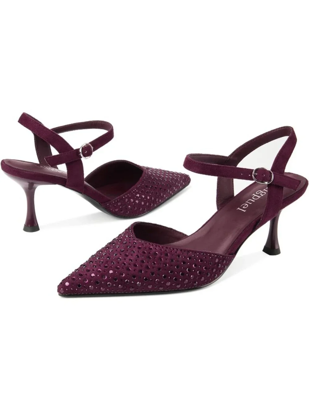 Women's Burgundy Faux Suede Rhinestone Ankle Strap Closed Toe Kitten Heels Pumps